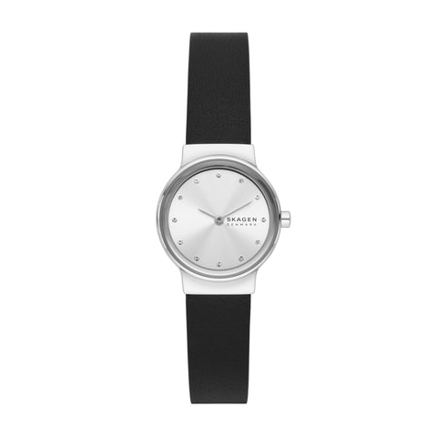 Skagen Women's Freja Lille Two-Hand Silver Stainless Steel and Black Leather Band Watch (Model: SKW3119) Skagen