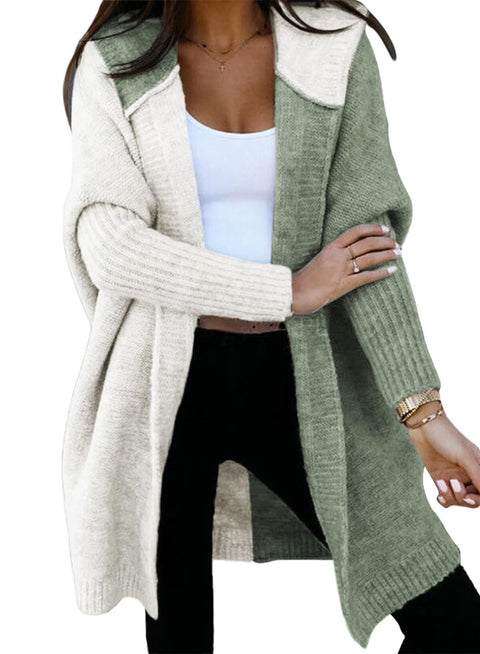 Astylish Womens Winter Patchwork Ribbed Knit Open Front Outwear Ladies Cardigan Sweaters Green XX-Large
