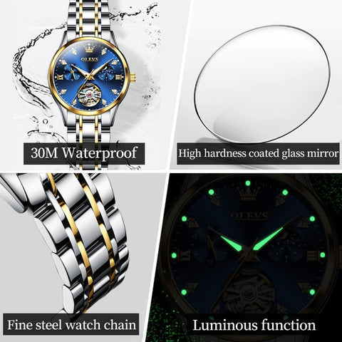OLEVS Womens Automatic Skeleton Watches Luxury Diamond Self Winding Fashion Dress Wrist Watch Waterproof Luminous OLEVS