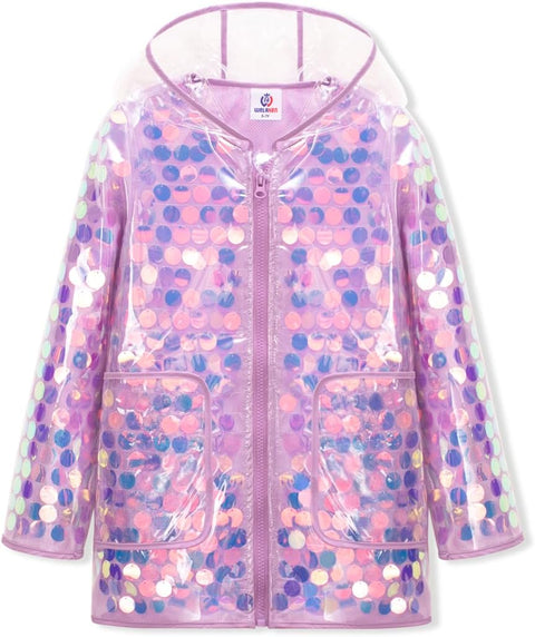 WELAKEN Girls Sequin Raincoat Waterproof Reusable Hooded Outwear Rain Jacket with Lining,purple,8Y
