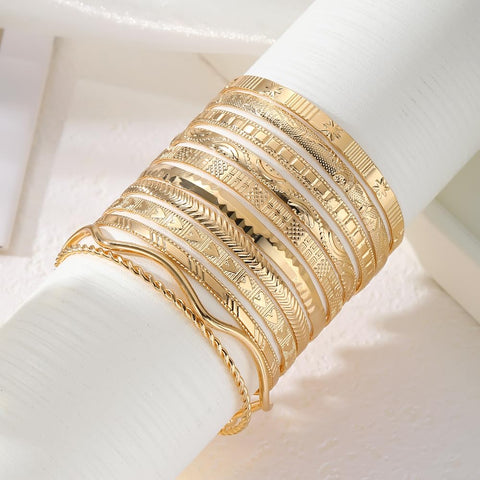 KISS WIFE Golden Bangles for Women, Adjustable Bangle Bracelets, Multi Layer Open Stackable Cuff Bracelet Set, Fashion Accessories Jewelry Gifts for Women (Golden-11)