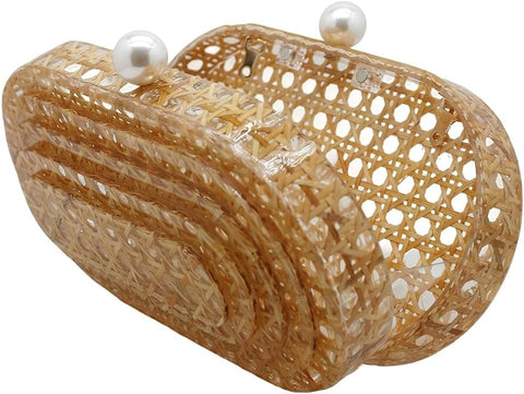 PENGZHI Women Acrylic Rattan Clutch Purse Rattan Woven Evening Bag Wedding Party Purse Summer Beach Wicker Shoulder Handbag, Brown PENGZHI