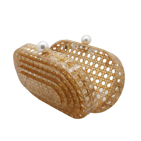 PENGZHI Women Acrylic Rattan Clutch Purse Rattan Woven Evening Bag Wedding Party Purse Summer Beach Wicker Shoulder Handbag, Brown PENGZHI