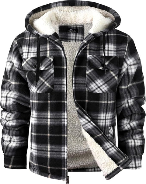 SCODI Men's Flannel Shirt Jacket Fleece Sherpa Lined Plaid Jackets Coat Full Zip Up Hoodie Winter Outwear Black White Large