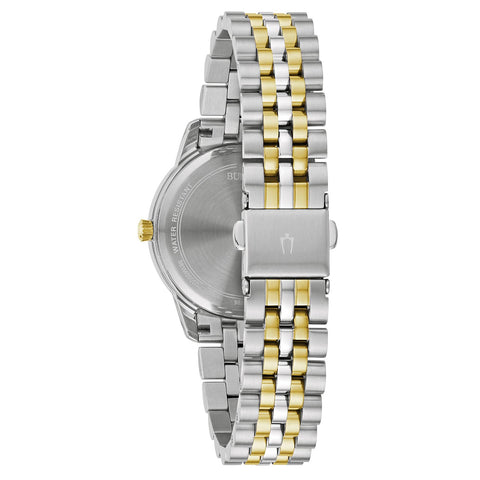Bulova Ladies' Classic Diamond Two-Tone Gold Stainless Steel 3-Hand Calendar Date Quartz Watch, Black Dial Style: 98P198 Bulova