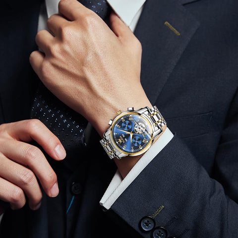 OLEVS Watches for Men Automatic Mechanical Self Winding Blue Dress Tourbillon Stainless Steel Dual Calendar Waterproof Luminous Wrist Watch OLEVS