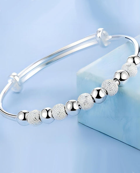 Kim Carrey S925 Silver Bangle Bracelet for Women, Elegant Women‘s Sterling Silver Bracelet Bangle Adjustable 6.4-7.8 inches Small Size (Frosted and Smooth Beads) Kim Carrey
