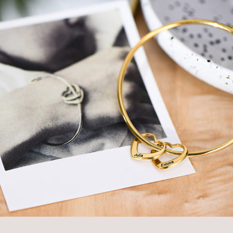 MyNameNecklace MYKA - Personalized Bracelet Bangle with Heart Pendants - Custom Made Multiple Pendant Jewelry Wife Women Christmas Gift (Gold Plated Sterling Silver) MyNameNecklace