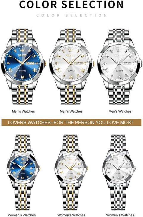 OLEVS Watch for Men Blue Big Face Watch for Men Two Tone Men's Wrist Watches Stainless Steel Waterproof Casual Fashion Mens Watches Luxury Diamond Quartz Men Watch relojes para Hombres OLEVS