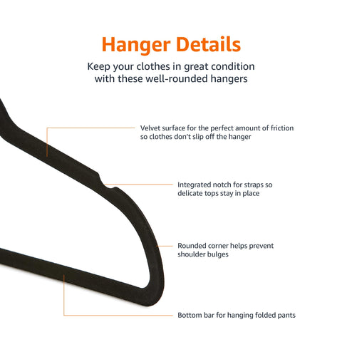 Amazon Basics Slim, Velvet, Non-Slip Suit Clothes Hangers, Pack of 50, Black Amazon Basics