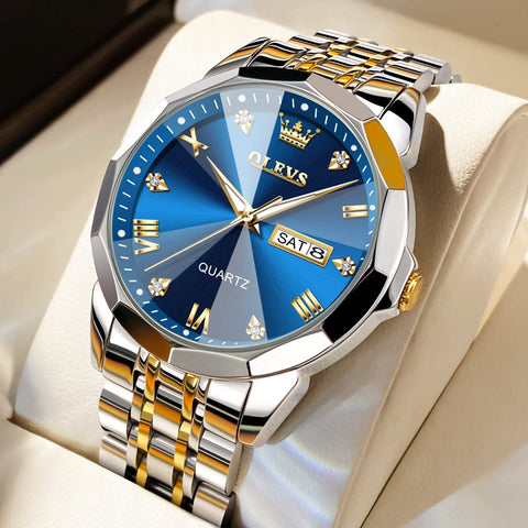 OLEVS Watch for Men Diamond Business Dress Analog Quartz Stainless Steel Waterproof Luminous Date Two Tone Luxury Casual Wrist Watch Blue Men