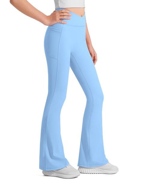 JOCMIC Girls Flare Leggings Kids Bell Bottom High Waisted Dance Yoga Flared Pants Sky Blue 9-10 Years