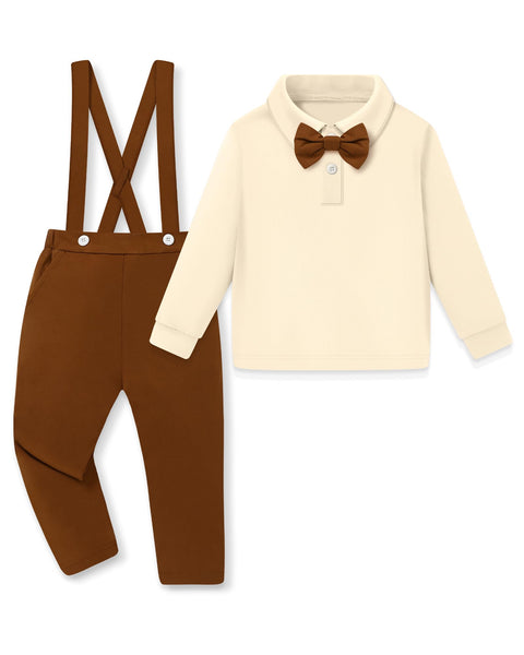 YALLET Toddler Baby Boy Clothes Polo Neck Long Sleeve Tops with Removable Bowtie + Overalls Fall Winter Outfits Set(3-4T, Apricot/Brown)