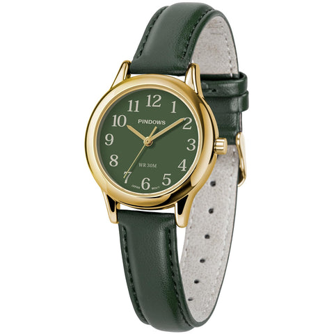PINDOWS Minimalist Watches for Women, Gold-Tone Case with Black Leather Strap, Fashionable, Everyday Elegant Quartz Analog Dress Watch