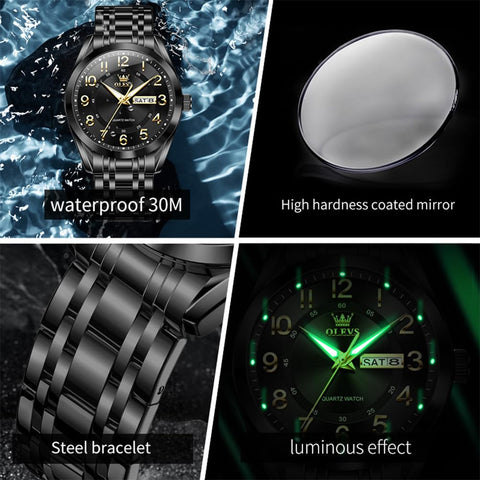 OLEVS Black Watches for Men Classic Business Dress Large Number Analog Watch Waterproof Luminous Easy Reader Male Wristwatch