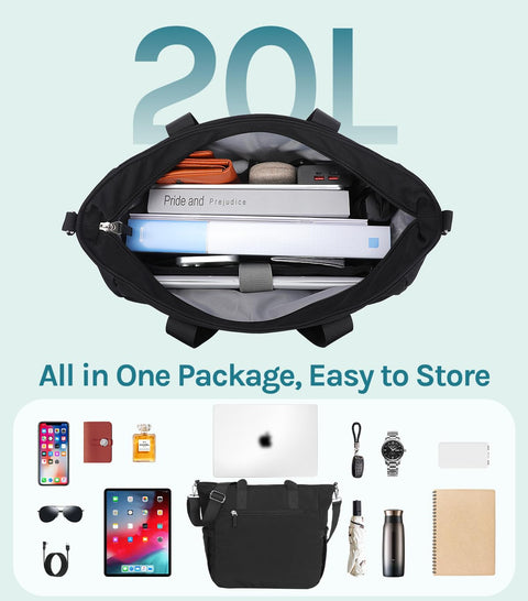 POPUTALLY Tote Bag for Women, Carry on Bag, Large Shoulder Bag with Strap, Top Handle Handbag for Shop, Gym, Travel, Work(Black) POPUTALLY