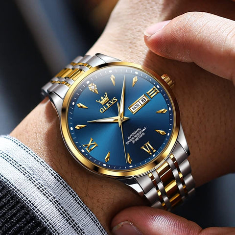 OLEVS Watches for Men Automatic Self Winding Two Tone Mechanical Stainless Steel Luxury Business Calendar Waterproof Luminous Wrist Watch Gold Blue OLEVS