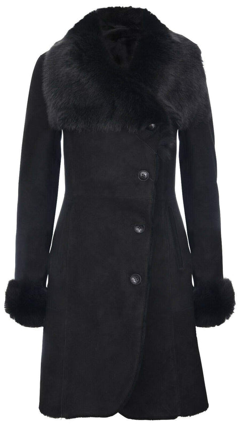 Infinity Leather Ladies Warm Black Suede Merino Shearling Sheepskin Coat with Toscana Collar 2XL Infinity Leather