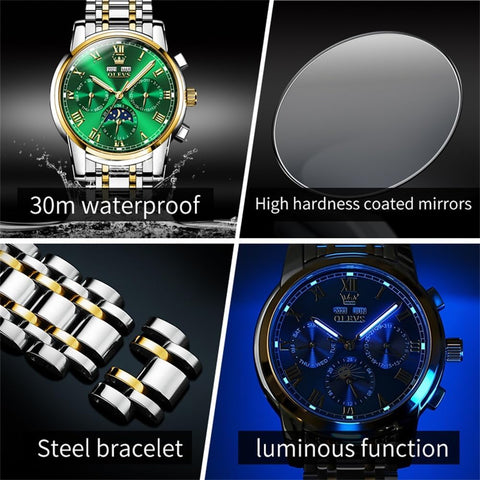 OLEVS Green Mens Automatic Watch Mechanical Self Winding Luxury Business Dress Moon Phase Stainless Steel Calendar Wrist Watches for Men Waterproof Luminous OLEVS