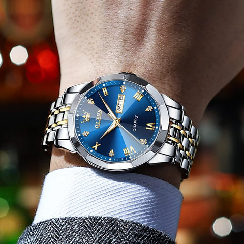 OLEVS Watch for Men Blue Big Face Watch for Men Two Tone Men's Wrist Watches Stainless Steel Waterproof Casual Fashion Mens Watches Luxury Diamond Quartz Men Watch relojes para Hombres OLEVS