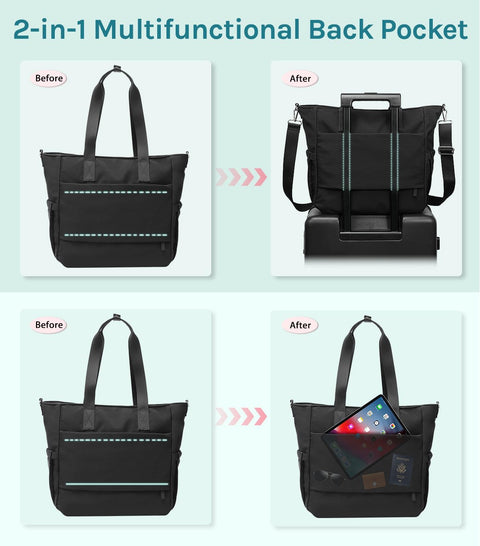 POPUTALLY Tote Bag for Women, Carry on Bag, Large Shoulder Bag with Strap, Top Handle Handbag for Shop, Gym, Travel, Work(Black) POPUTALLY