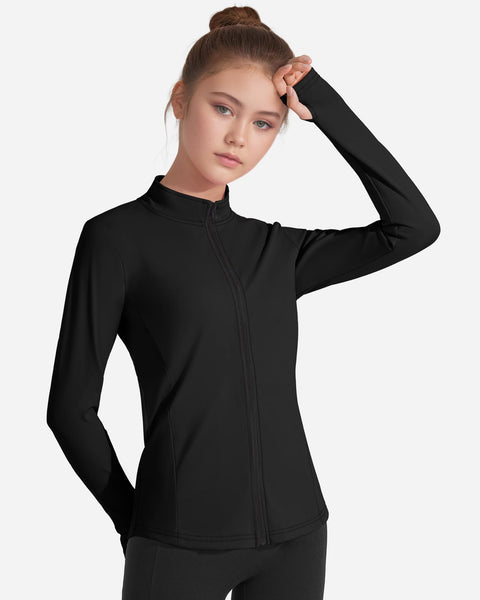 JOCMIC Girls Zip Up Jacket Horse Riding Shirts Kids Athletic Yoga Jackets Fall Winter Coats Black 9-10 Years