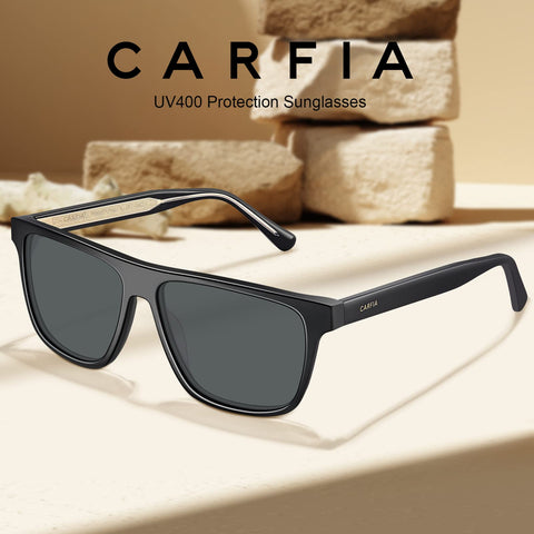 CARFIA Black Curved Acetate Polarized Sunglasses for Men UV Protection, Cool Retro Eyewears with Embossed Pattern Wire Core