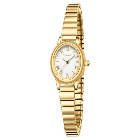 VAVC Small Gold Watches for Women,Analog Womens Watch with Stainless Steel Expansion Band,Oval Case Roman Dial,Water Resistant（5.91in-6.7in）