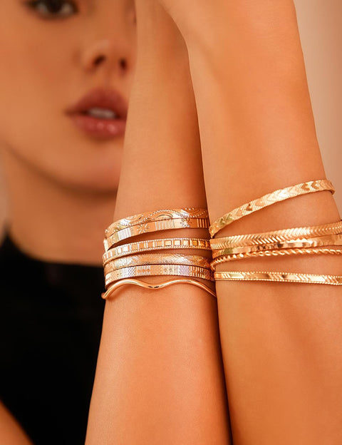KISS WIFE Golden Bangles for Women, Adjustable Bangle Bracelets, Multi Layer Open Stackable Cuff Bracelet Set, Fashion Accessories Jewelry Gifts for Women (Golden-11)