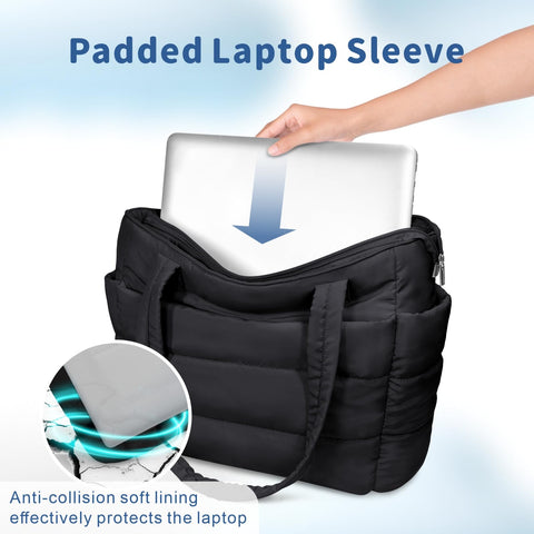 TOPDesign Puffer Tote Bag for Women, Lightweight Puffy Handbag with Compartments & Cosmetic Bag, Quilted Shoulder Bags for Work, Travel, Gym, Gifting (M Black)