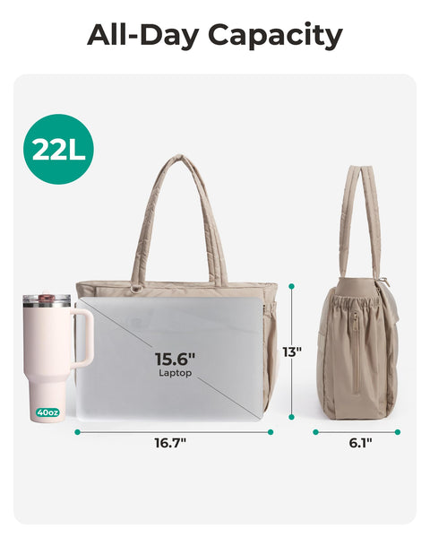 BAGSMART Tote Bag for Women, 22L Puffer Gym Bag for 40oz Tumbler, Work Tote Handbag for Travel Yoga College, Black