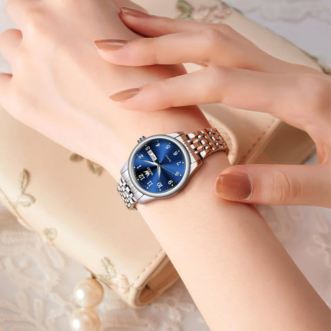 OLEVS Small Women Watch Silver Watches for Women Blue Dial Stainless Steel Easy Read Wrist Watches Day Date Classic Dress Analog Quartz Waterproof Ladies Arabic Numeral Reloj de Mujer