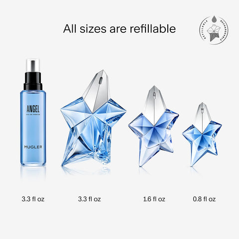 Mugler - Angel - Eau de Parfum - Womens Perfume Refill Bundle - Ambery & Woody - With Bergamot, Praline, and Patchouli - 1.6 Fl Oz Refillable Perfume & 3.3 Fl Oz Refill Mugler