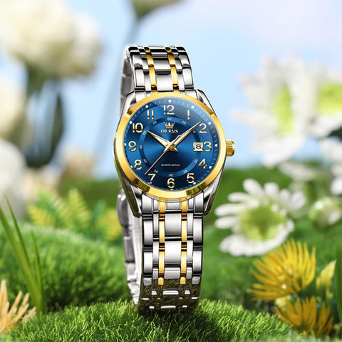 OLEVS Womens Watches Classic Business Two Tone Analog Quartz Female Wristwatch Ladies Luminous Calendar Easy Read Blue Reloj de Mujer