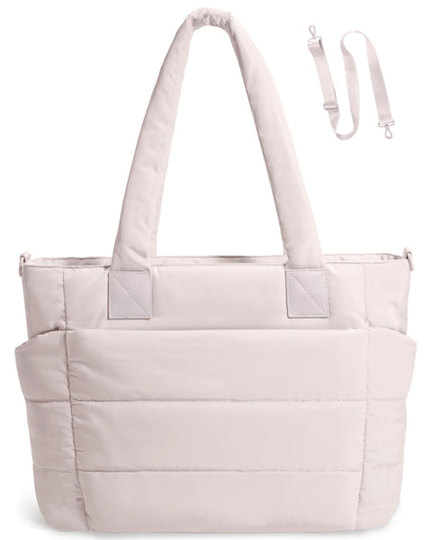 Tote Bag for Women Puffer Tote Bag Large Quilted Nurse Bag with Zipper for Work Travel (Beige)