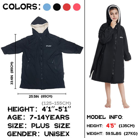 Hiturbo Warm Kids Swim Parka: Waterproof Changing Robe - Thick Fleece Lining - Oversize Swimming Coat - Hooded Surf Poncho (7-14Y, Black)