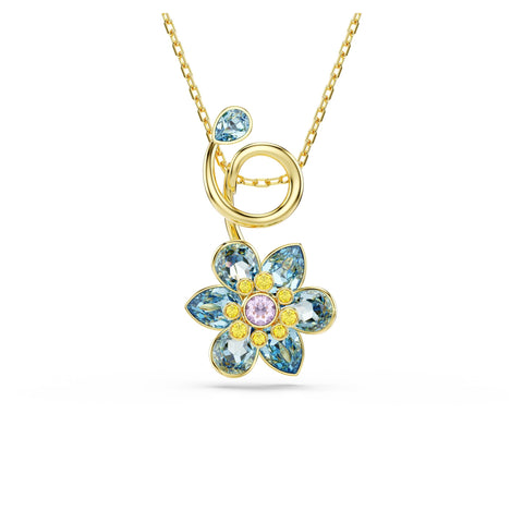 Swarovski Idyllia Pendant, Mixed cuts, Flower, Blue, Gold-Tone Finish