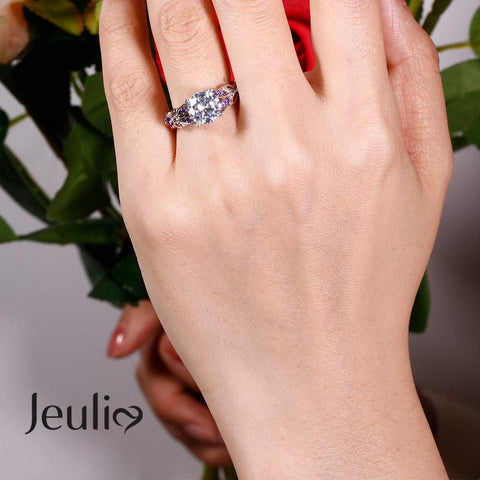 Jeulia 4.3 Carat Personalized Sterling Silver Butterfly Rings for Women Purple Amethyst Birthstone Bridal Rings Set Round Cut Wedding Engagement Promise Jeulia