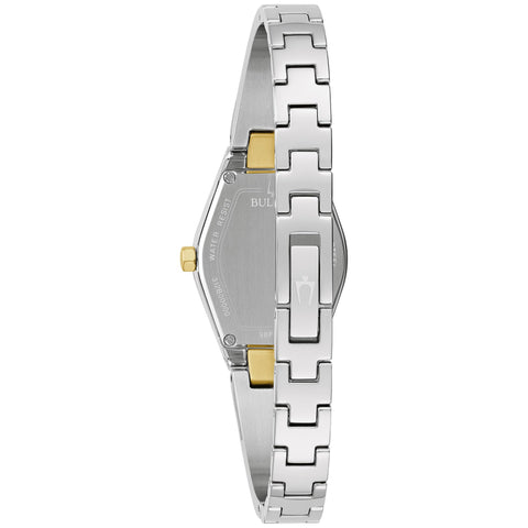 Bulova Ladies Modern Gemini Diamond Silver and Gold Stainless Steel Watch,Tonneau Shape Blue Dial, Model: 98P218 Bulova