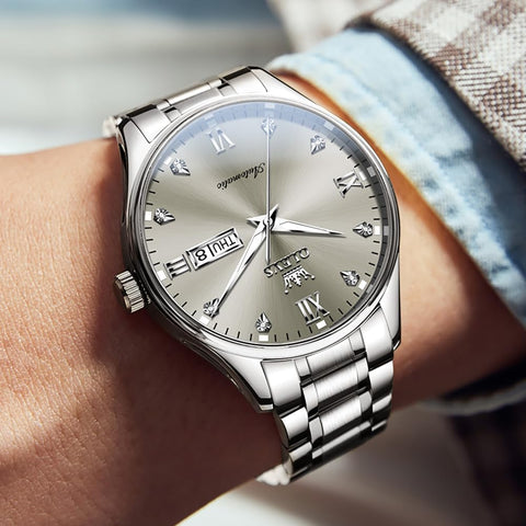 OLEVS Self Winding Watch for Men Automatic Mechanical Watches Luxury Stainless Steel Luminous Waterproof Calendar Mens Watch Silver Band Grey Dial OLEVS