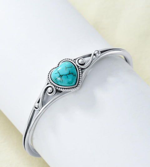 DOLIOX Genuine Turquoise Bracelet, Sterling Silver Native American Boho Adjustable Heart Bangle Cuff Jewelry for Women, Fit for 6.5 7 7.5 Inches DOLIOX