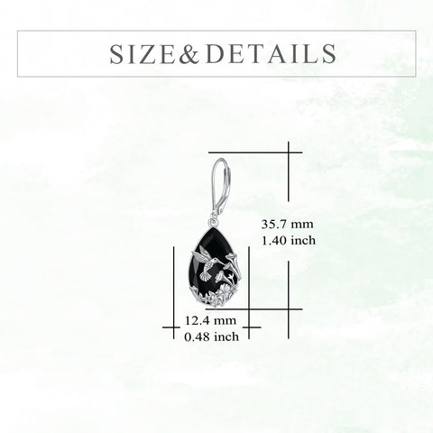 YFN Hummingbird Earrings Sterling Silver Black Tourmaline Dangle Drop Earrings Crystal Healing Jewelry Spiritual Protection Gifts for Women