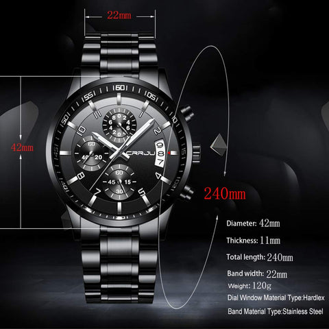 CRRJU Men's Black Watch Fashion Business Chronograph Quartz Wristwatches,Luxury Stainsteel Steel Band Waterproof Watch for Men CRRJU