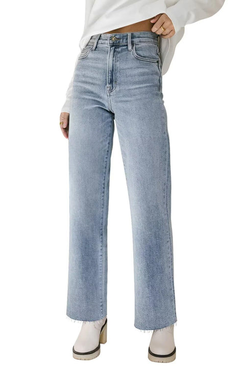 KDF Straight Leg Jeans for Women High Waisted Jeans Frayed Baggy Pants Raw Hem Loose Stretchy Cropped Wide Leg Jeans Light Blue Size 8