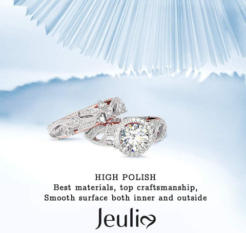 Jeulia 4 Carat Leaf Rings for Women 925 Sterling Silver 18 K Rose Gold Plated Round Cut Engagement Ring Set White Diamond Halo Cubic Zirconia Wedding band CZ Solitaire Anniversary Promise Rings (7) Jeulia