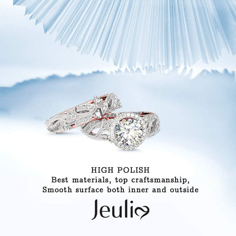 Jeulia 4 Carat Leaf Rings for Women 925 Sterling Silver 18 K Rose Gold Plated Round Cut Engagement Ring Set White Diamond Halo Cubic Zirconia Wedding band CZ Solitaire Anniversary Promise Rings (7) Jeulia