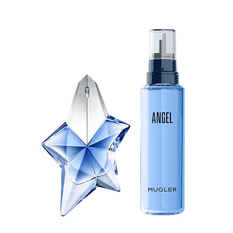 Mugler - Angel - Eau de Parfum - Womens Perfume Refill Bundle - Ambery & Woody - With Bergamot, Praline, and Patchouli - 1.6 Fl Oz Refillable Perfume & 3.3 Fl Oz Refill Mugler