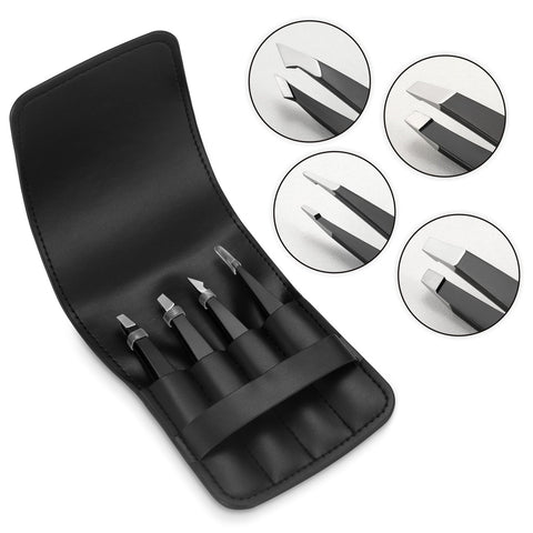 Pefei Tweezers Set - Professional Stainless Steel Tweezers for Eyebrows - Great Precision for Facial Hair, Splinter and Ingrown Hair Removal (Black) Pefei