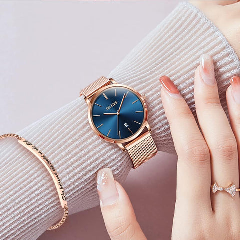 OLEVS Watch for Womens and Bracelet Gift Set Rose Gold for Lady Female Navy Blue Big Face Ultra Thin Minimalist Date Analog Quartz Wristwatch Waterproof with Mesh Steel Band