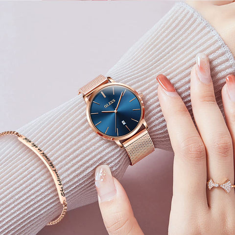 OLEVS Watch for Womens and Bracelet Gift Set Rose Gold for Lady Female Navy Blue Big Face Ultra Thin Minimalist Date Analog Quartz Wristwatch Waterproof with Mesh Steel Band